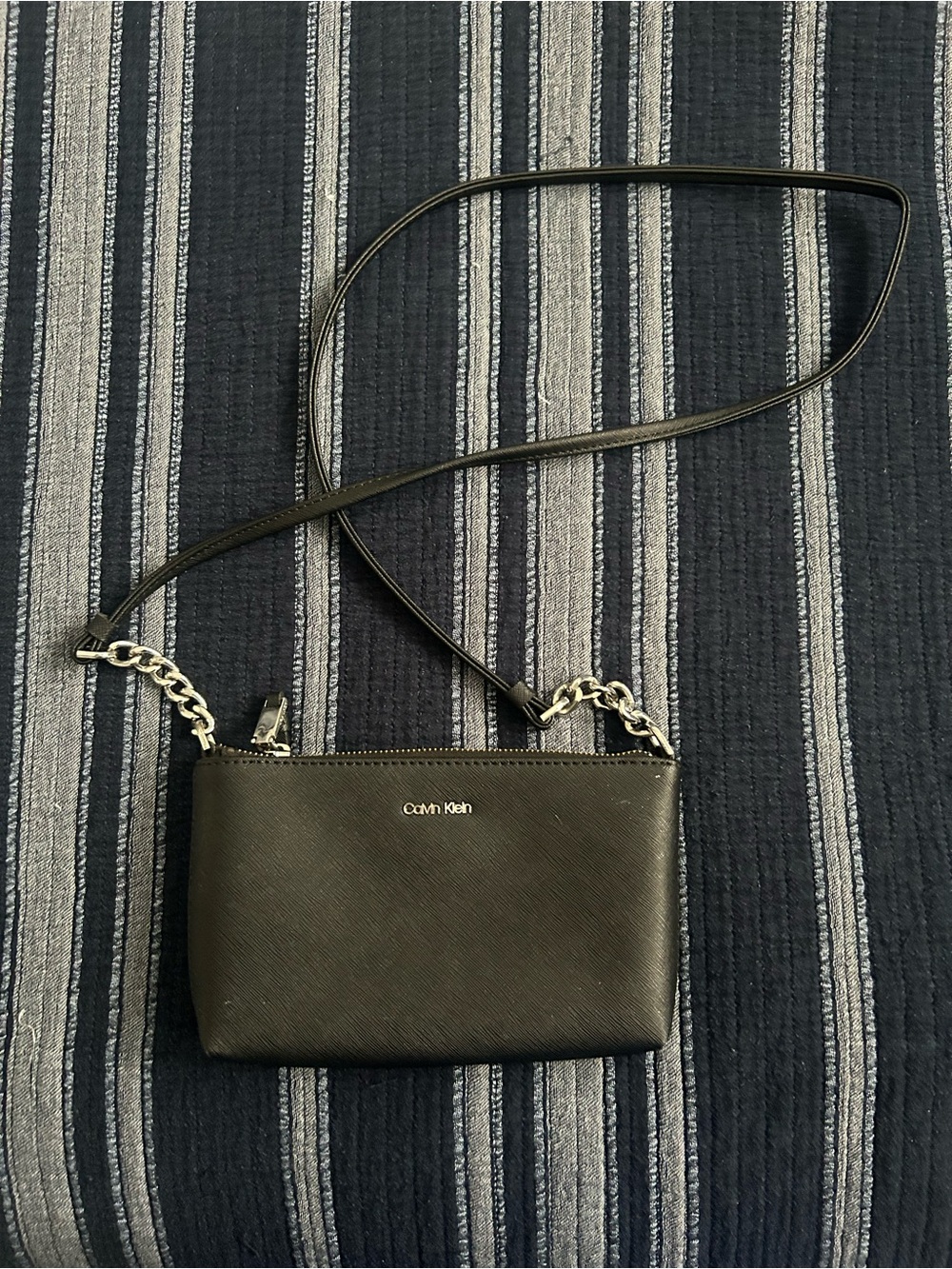 Calvin Klein Black Saffiano Crossbody with Silver Chain